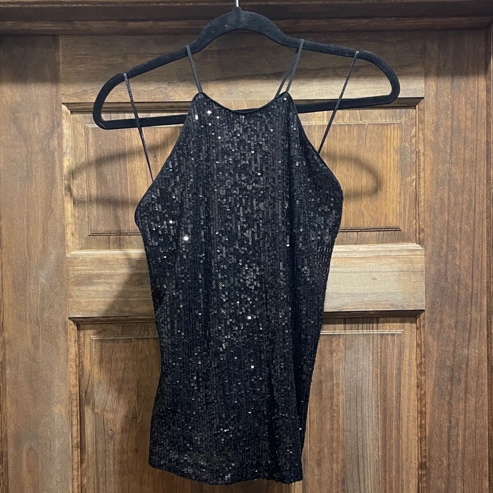Banana Republic Black Sequin Strappy Halter Top